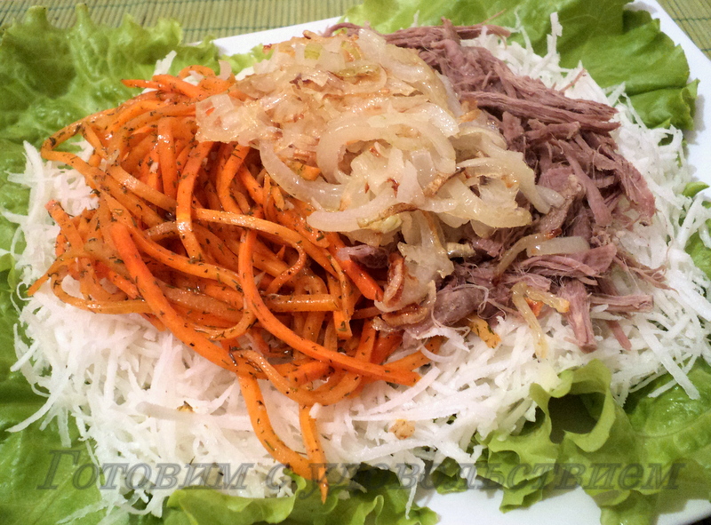 Салат из зеленой редьки с мясом, пошаговый рецепт на ккал, фото, ингредиенты - Маришель